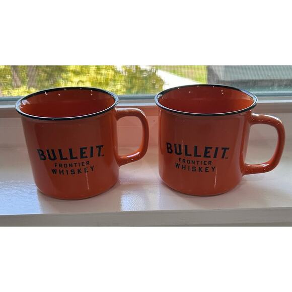 Set of 2 Bulleit Frontier Whiskey Porcelain Ceramic Bourbon Mug Orange/Black - Picture 1 of 2